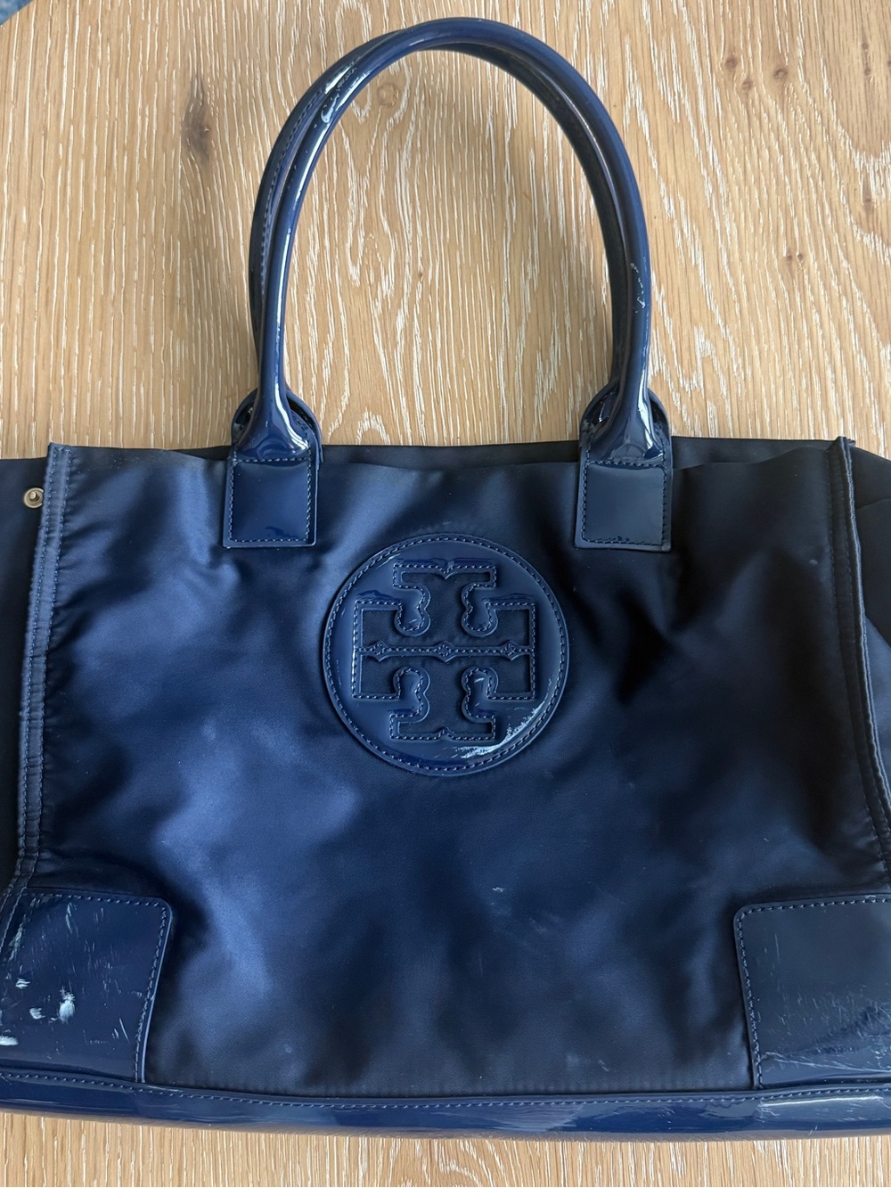 Tory Burch Navy Patent Trim Logo Tote